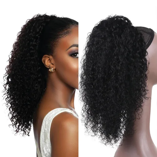 Vista 11 de Extensión de cola de caballo de cabello humano de 12 pulgadas con cordón rizado profundo para mujeres negras, extensión rizada 3C, color negro