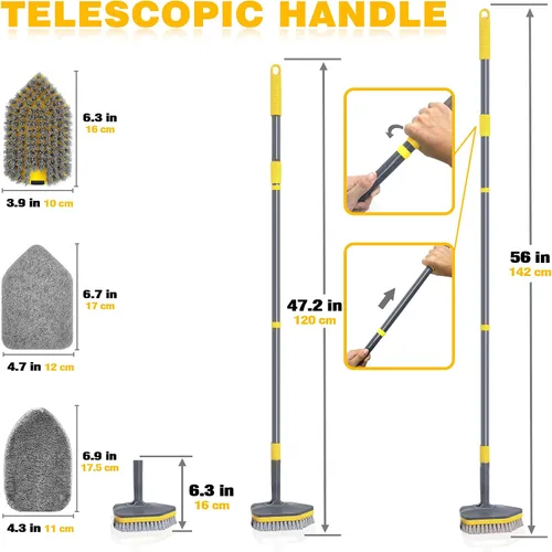 Vista 6 de Cepillo de ducha con mango largo para limpieza, cepillo de ducha extensible 3 en 1 de 56 pulgadas, accesorio intercambiable para limpiar la pared