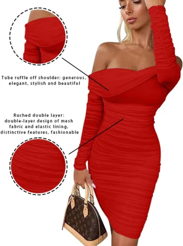 Vista 8 de GOKATOSAU Minivestido sexy y elegante para mujer, con volantes, manga larga, hombros descubiertos, fruncido, para fiesta