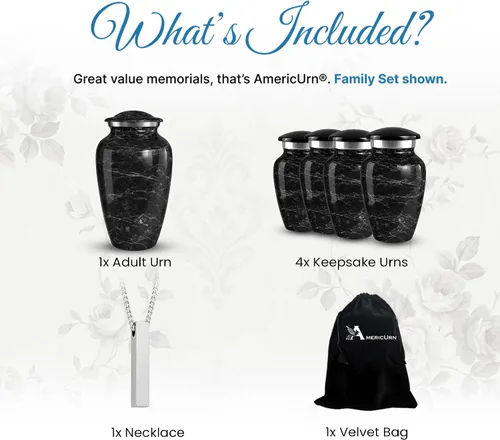 Vista 4 de Set of 6 Cremation Urns for Human Ashes Includes 1 Large Urn with 4 Small Keepsakes & 1 Silver Necklace - Black Marble