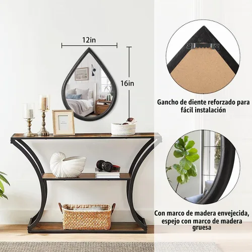 Vista 5 de Espejo de lágrima con marco de madera, espejos negros para colgar en la pared, pequeños espejos decorativos ovalados, espejo único ovalado