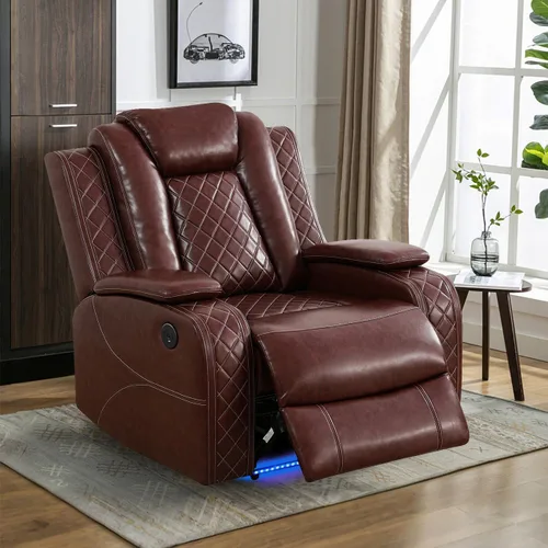 Vista 47 de Sofá reclinable individual eléctrico para muebles de sala de estar, silla reclinable de cuero con luces LED, puertos USB, almacenamiento oculto