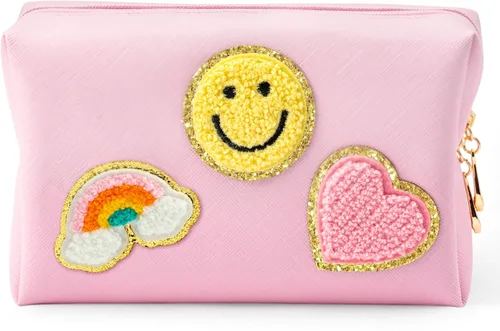 Vista 10 de LieToi - Bolsa de aseo pequeña con parche preparado, sonrisa, relámpago, corazón, arcoíris, de piel sintética, bolsa de maquillaje impermeable Azul