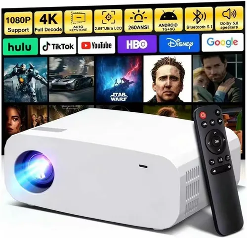 Vista 8 de Proyector, Proyector inteligente con WiFi y Bluetooth, Aplicaciones integradas, Enfoque automático y Keystone, Soporte nativo 1080P, Proyector mini