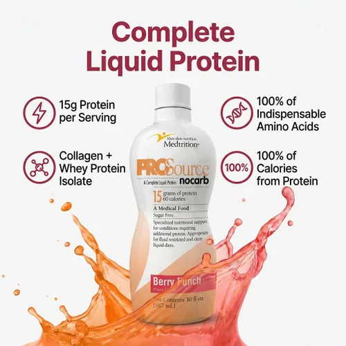 Vista 4 de Péptidos de colágeno líquido tipo I, III, 0.53 oz de proteína por onza. Prosource NoCarb Berry Punch Bottle Medtrition