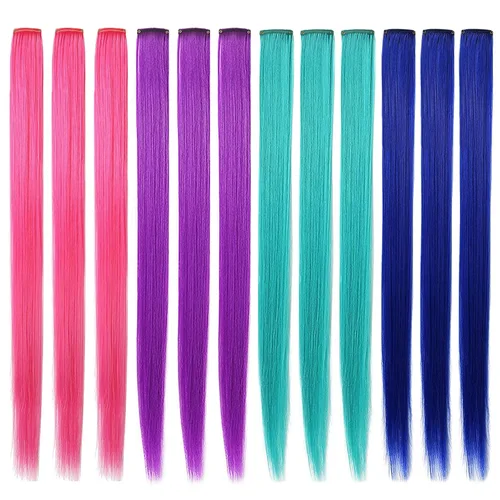 Vista 7 de 12 extensiones de cabello de colores rectas de 20 pulgadas, extensiones de cabello sintético con clip, color arcoíris, con reflejos, para fiesta