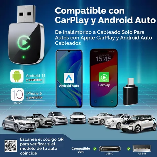 Vista 5 de Adaptador Inalámbrico CarPlay 2026 Mejorado para iPhone, 2 en 1 para Apple CarPlay y Android Auto, Convierte Cableado a Inalámbrico, Plug & Play