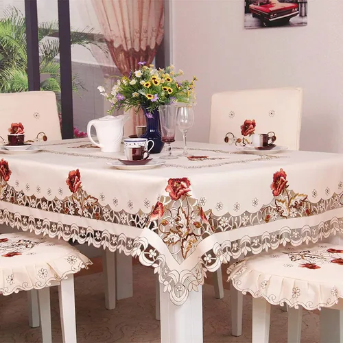 Vista 6 de Arzoe - Mantel de encaje bordado con flores color crema, diseño de lujo, manteles de mesa rectangulares