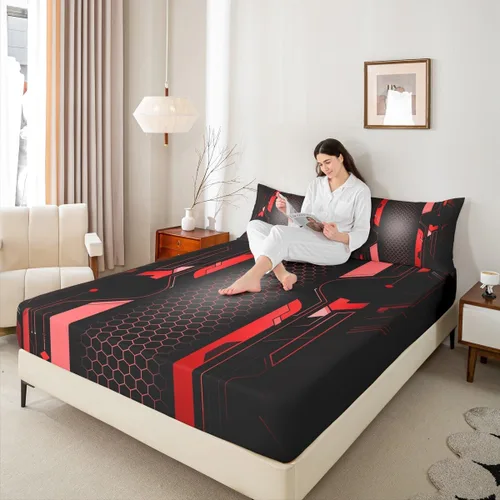 Vista 2 de Manfei Sábana bajera ajustable de panal rojo, tamaño matrimonial, juego de ropa de cama hexagonal geométrica de 3 piezas para decoración de Multi 07