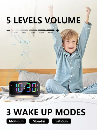 Vista 2 de Mesqool Reloj despertador súper fuerte para dormitorios, modo de fin de semana/día de la semana, atenuador, repetición, 12/24 horas, horario de Negro