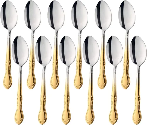 Vista 15 de Cucharas de sopa, cucharas redondas de acero inoxidable para caldo con borde de flor, juego de 12 piezas de acero inoxidable para café, azúcar