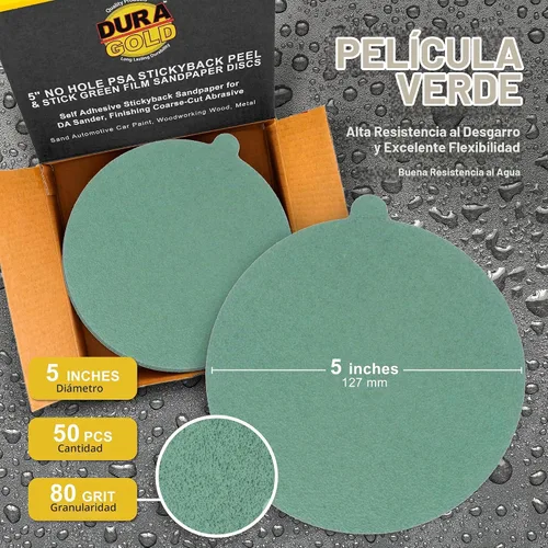 Vista 2 de Dura-Gold Discos de lijado PSA de película verde de 5 pulgadas - Grano 80