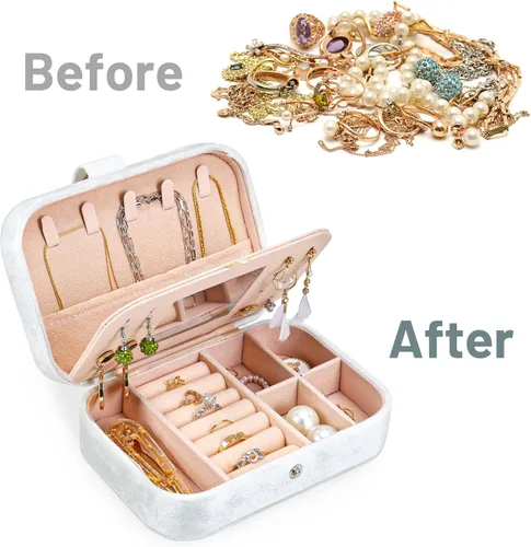 Vista 5 de Fixwal Joyero de viaje de terciopelo de felpa, pequeño organizador de joyas de viaje para mujeres y niñas, joyero portátil con espejo para anillos
