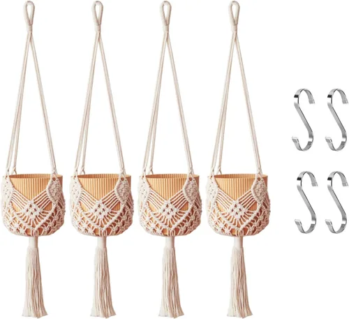 Vista 15 de Maceta Colgante con Patrones, Juego de 4 Colgadores de Macramé para Plantas de Interior, para Macetas de hasta 8 Pulgadas, Soporte de Ganchillo Boho