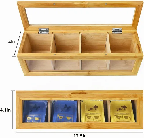 Vista 2 de Organizador de bolsas de té, soporte para bolsas de té de bambú, con tapa magnética y ventana, 4 compartimentos para almacenamiento de bolsas de té