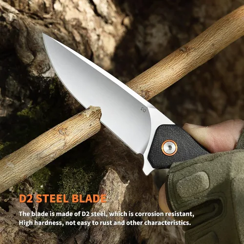 Vista 5 de Cuchillo de bolsillo plegable EDC Tactical Knife Camping Survival Knife 3.54'' D2 Blade acero y G10 Handle Liner Lock Clip reversible para uso