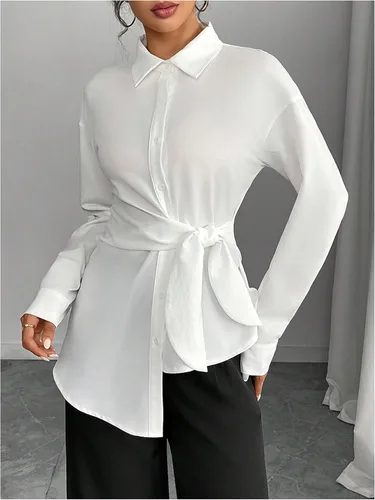 Vista 2 de MakeMeChic Camisa de manga larga con botones para mujer, blusa de negocios elegante con lazo lateral