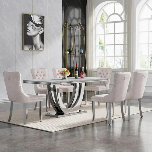 Vista 49 de Juego de mesa de comedor de mármol sintético, 7 piezas, juego de mesa de cocina y comedor para 6, mesa de comedor rectangular blanca de 70 pulgadas
