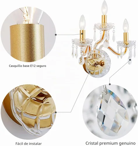 Vista 3 de WUZUPS Apliques de pared de 3 luces para dormitorio, sala de estar, baño, base E12, dorado