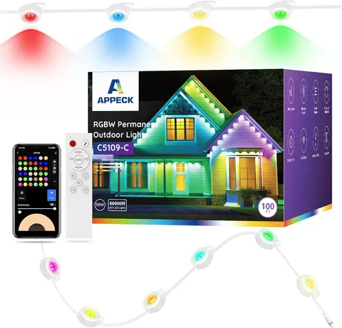 Vista 11 de APPECK Luces de exterior permanentes de 100 pies con 72 LEDs, modos de escena DIY, luces de cadena RGBW inteligentes impermeables, control por Negro