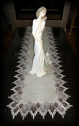 Vista 4 de Encaje 72" Camino de mesa Dresser bufanda Neutral Doily tonos tierra Encaje Europea