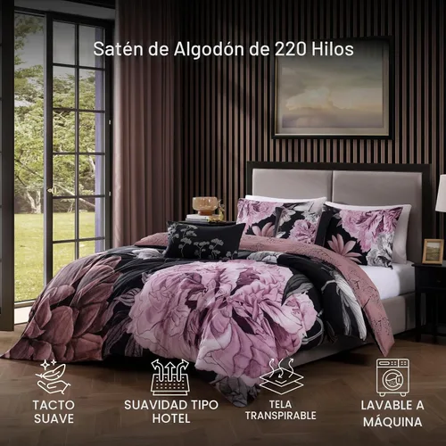Vista 3 de Bebejan Midnight Meadow - Juego de edredón de 5 piezas, 100% satén de algodón, 220 hilos por pulgada, juego de edredón reversible negro, 1 edredón