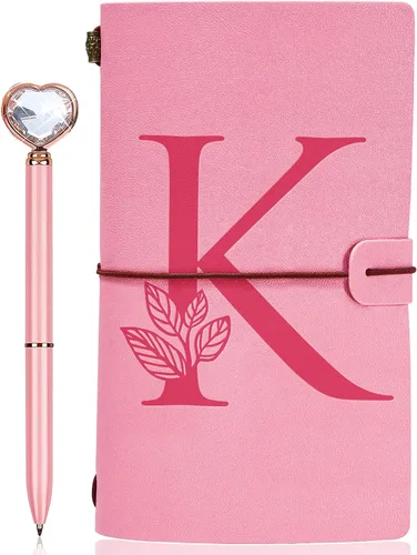 Vista 14 de Diario personalizado para regalo, diario de cuero con inicial rosa + juego de bolígrafo de corazón de diamante, cuaderno de viaje, bloc de notas