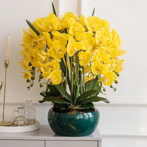 Vista 6 de FagusHome Phalaenopsis - 6 flores artificiales de orquídeas artificiales de 32 pulgadas, flores falsas para decoración del hogar (amarillo)