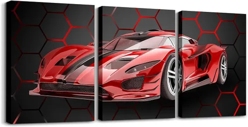 Vista 23 de Feelyou Cuadro azul de carreras para pared, 12 x 16 pulgadas, 3 piezas de autos deportivos de velocidad, lienzo para decoración de pared, diseño