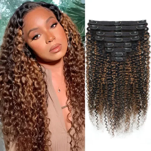 Vista 27 de Extensiones de cabello humano real rizado con clip, balayage, color marrón chocolate a rubio caramelo, 8 piezas con 18 clips, 4.23 oz/juego