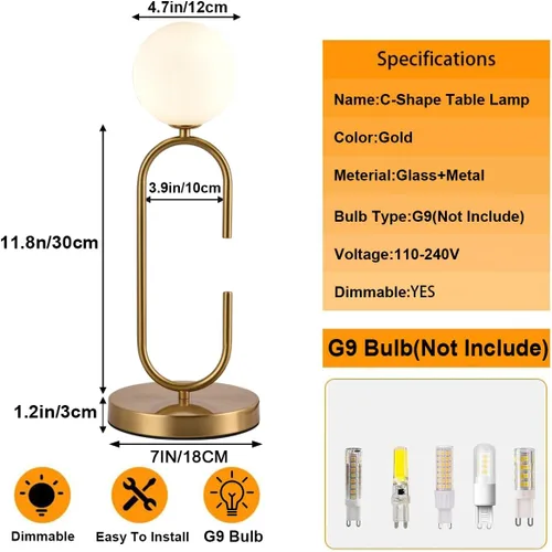 Vista 6 de Lámpara de mesa en forma de C de mediados de siglo, globo dorado, con 2 luces, regulable, con cristal blanco leche, lámpara de mesita de noche