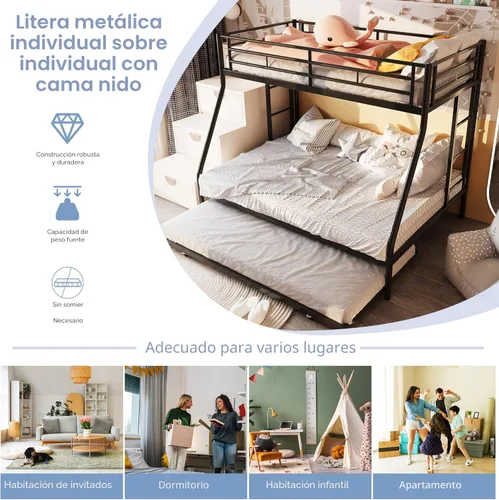 Vista 4 de SUNLEI Cama alta de metal con 2 escaleras seguras, litera individual sobre matrimonial con nido, camas nido con protección de seguridad individual
