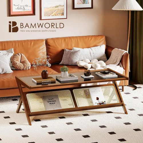 Vista 7 de Bamworld - Mesa de centro moderna de mediados de siglo con tapa de vidrio, mesa central de ratán con almacenamiento para sala de estar, color marrón