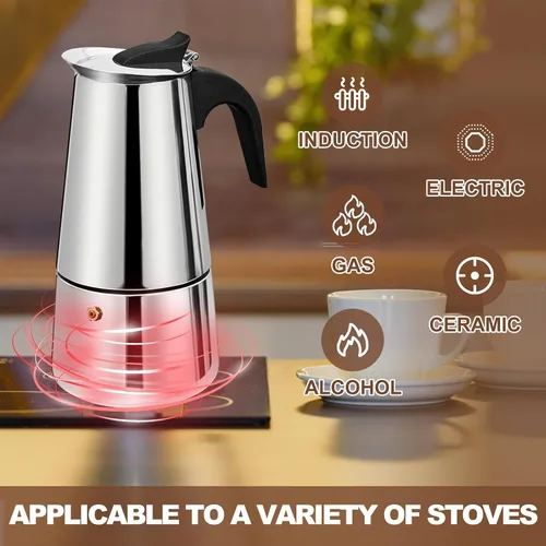 Vista 4 de 12 Tazas Cafetera de Espresso para Estufa Olla de Moka de Acero Inoxidable Percolador de Cocina Superior Cafeteras de Café Italianas Capaz