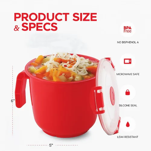 Vista 5 de Tafura Tazón para microondas con tapa, cuencos de sopa aptos para microondas de 34 onzas con tapa, cuenco de fideos ramen con asa, cuencos