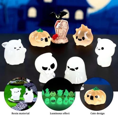Vista 3 de Decoraciones de Halloween en miniatura, 18 piezas de accesorios de pueblo miniatura, calabaza, momia, conejo, fantasma, resina, que brilla