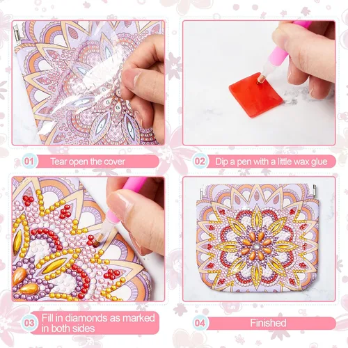 Vista 5 de Sanwuta Mandala DIY pintura diamante monedero titular bolsas de maquillaje a granel cosméticos cartera diamante pintura kits bolsillo