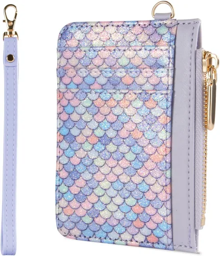 Vista 8 de Cartera pequeña de cuero con protección RFID de sirena para tarjetas de crédito, cartera delgada con correa para la muñeca con bolsillo