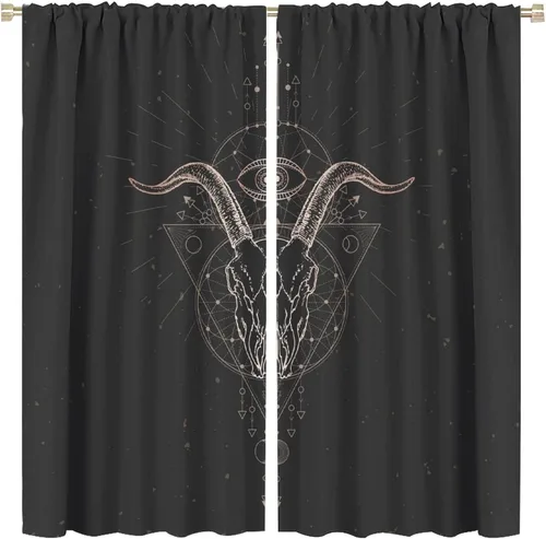 Vista 14 de BAEKJIN Cortinas de cabeza de cabra, diseño de calavera malvada, bruja, símbolo misterioso, bolsillo para barra, cortinas opacas para ventana, juego