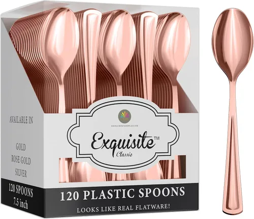 Vista 9 de Exquisite Cucharas de plástico doradas resistentes, 120 piezas de cubiertos de plástico dorado, juego de cubiertos desechables de alta resistencia