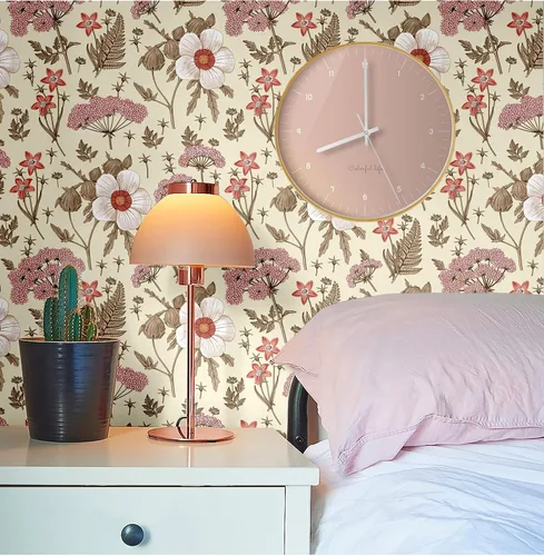 Vista 3 de Blooming Wall Papel pintado de azaleas dibujadas a mano con hojas despegar y pegar Papel pintado autoadhesivo extraíble Mural de pared decoración