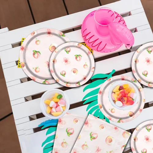 Vista 5 de Suministros para fiesta de cumpleaños de frutas de melocotón, juego de vajilla con temática de cumpleaños de 142 piezas, incluye platos de melocotón