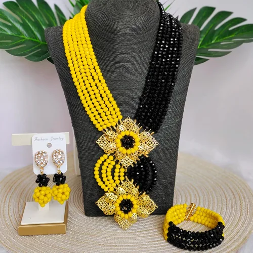 Vista 2 de Collar de cuentas africanas de moda, cuentas nigerianas, conjuntos de joyas de boda para mujer (amarillo opaco negro), vidrio, cristal de vidrio