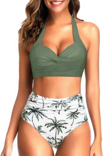 Vista 20 de Tempt Me - Traje de baño de dos piezas para mujer Bikini de cintura alta con cuello Halter vintage y retro, traje de baño con realce Bandera