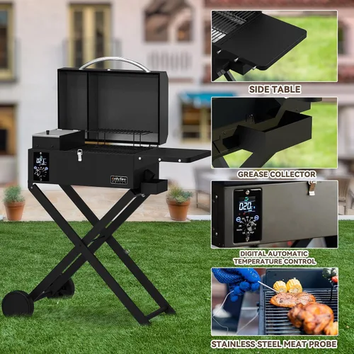 Vista 6 de ONLYFIRE GRILLS Parrilla Ahumadora de Pellets de Madera para BBQ con Carrito Plegable, Sonda de Carne, Área de Cocción de 2 Niveles, Estufa de Negro