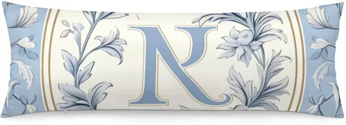 Vista 8 de Funda de almohada con monograma rústico de color azul suave con inicial N Body de 20 x 54 pulgadas, funda de almohada floral personalizada