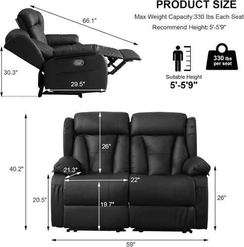 Vista 2 de Sofá biplaza reclinable manual de 59" reclinable doble para sala de estar