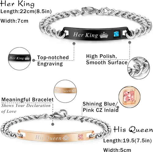 Vista 4 de FIBO STEEL Juego de 4 pulseras para parejas para hombres y mujeres, para él y ella, con corona, reina, pulseras de cuentas de 0.315 in, Acero