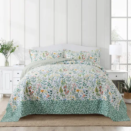 Vista 31 de NEWLAKE - Juego de cubrecama reversible de microfibra bordada con patrón floral en relieve en jacquard beige, tamaño queen
