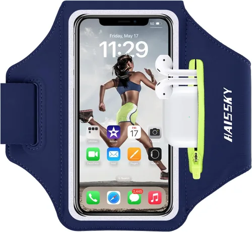 Vista 9 de Brazalete para teléfono celular con bolsillo con cremallera, soporte para iPhone 16 Pro Max/15/14 Pro Max/13/12/11 Pro Max/XS/XR, Galaxy S20 S10